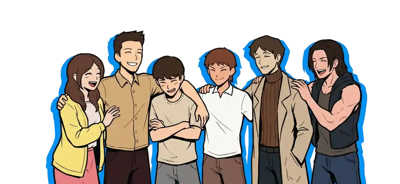 Main cast of Romabi Play’s The Syndicate characters standing together and smiling.